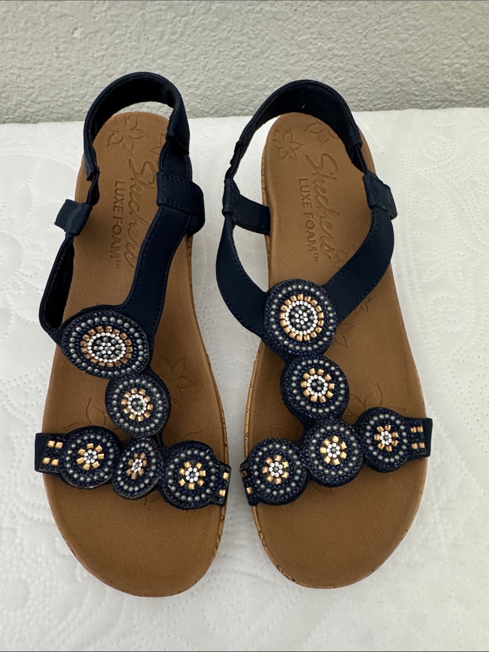 Skechers Beverlee Date Glam Navy Blue Beaded Wedge Comfort Sandals Size 8 - Picture 3 of 10